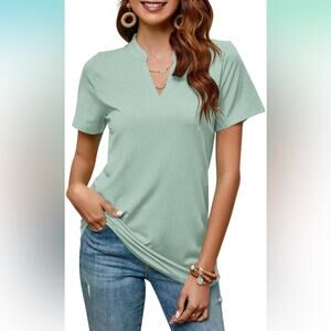 Womens V Neck T-Shirts Casual Short Sleeve Loose Ribbed Green Med